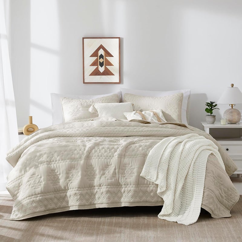 Beige Boho Twin Quit Size Bedding Set with 1 Pillow Sham, Farmhouse Lightweight Soft Bedspread Coverlet for All Season, 2 Pieces, 68x90 inches - Image 1