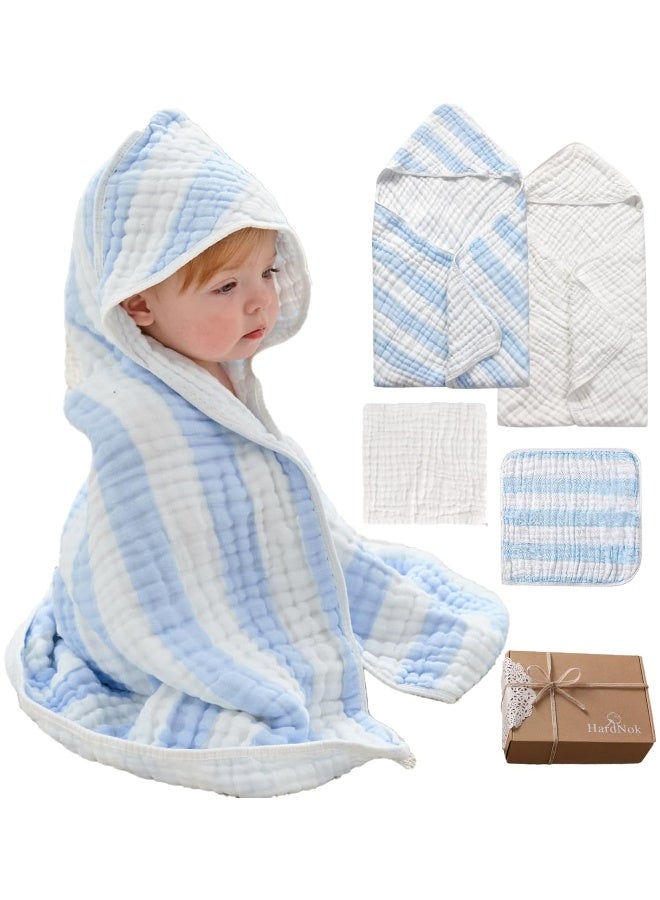 HardNok Muslin Hooded Baby Towel 4 Pack, Preuim Muslin 6 Layers Natural Cotton Baby Bath Towels, Soft and Comfortable for Boys,Girls (32 x 32, Blue Striped and White) - Image 1