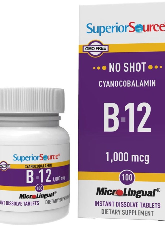 Superior Source No Shot Vitamin B-12 Cyanocobalamin 1000 mcg - Vitamin B-12 to Support Energy Production, Brain Health & Overall Wellness - Sublingual Tablets - 100 Dissolvable Tablets  - Image 1