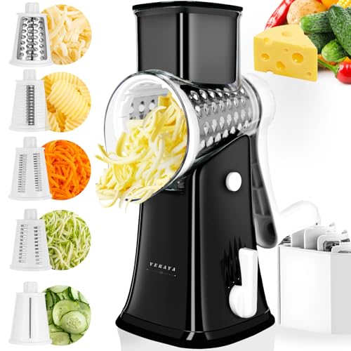 VEKAYA Rotary Cheese Grater, 5 in 1 Rotary Grater, Replaceable Stainless Blades Cheese Shredder, Cheese Slicer, Cheese Grater Hand Crank, Easy to Clean Kitchen Gadgets with Storage Box - Image 1