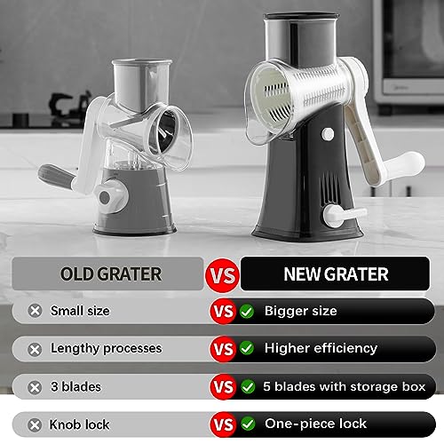 VEKAYA Rotary Cheese Grater, 5 in 1 Rotary Grater, Replaceable Stainless Blades Cheese Shredder, Cheese Slicer, Cheese Grater Hand Crank, Easy to Clean Kitchen Gadgets with Storage Box - Image 3