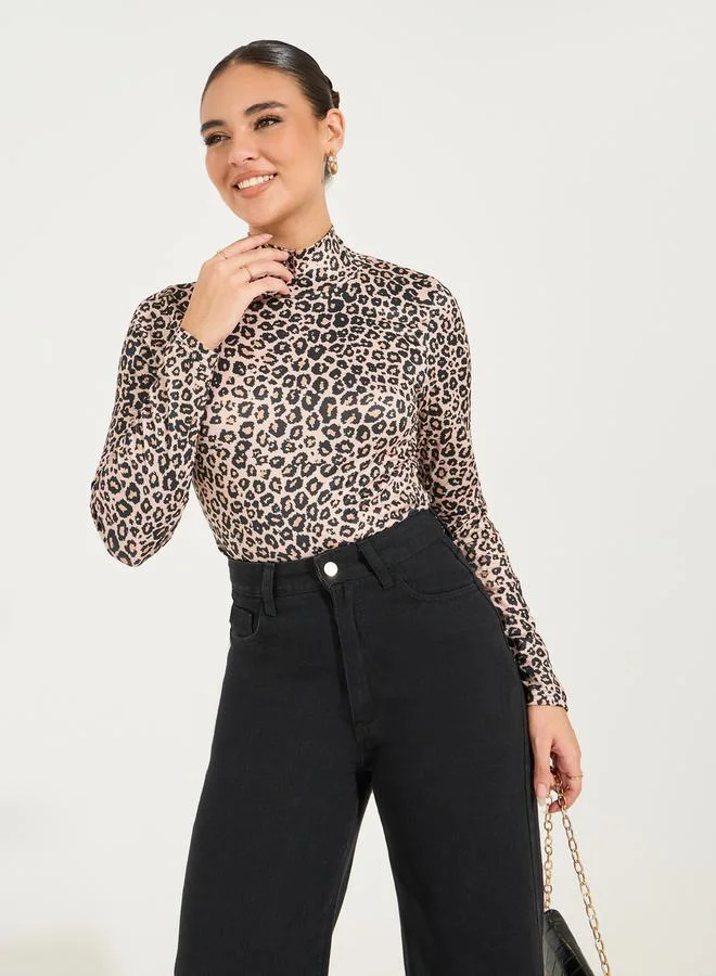 Styli Leopard Print High Neck Bodysuit
