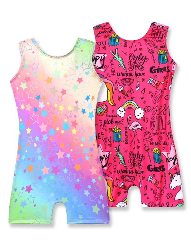 Nymphperi Girls Gymnastics Leotards Size 6-7 Years Old Rainbow Star with Hot Pink Unicorn Fitted Classic Gym Unitard - Image 1