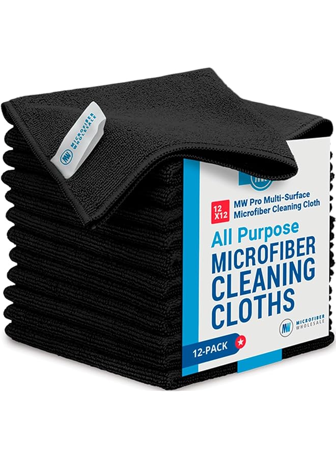 promass 12" x 12" Buff Pro Multi-Surface Cleaning Cloths | Black - 12 Pack | Premium Towels for Cleaning Glass, Kitchens, Bathrooms, Automotive, Supplies & Products - Image 1