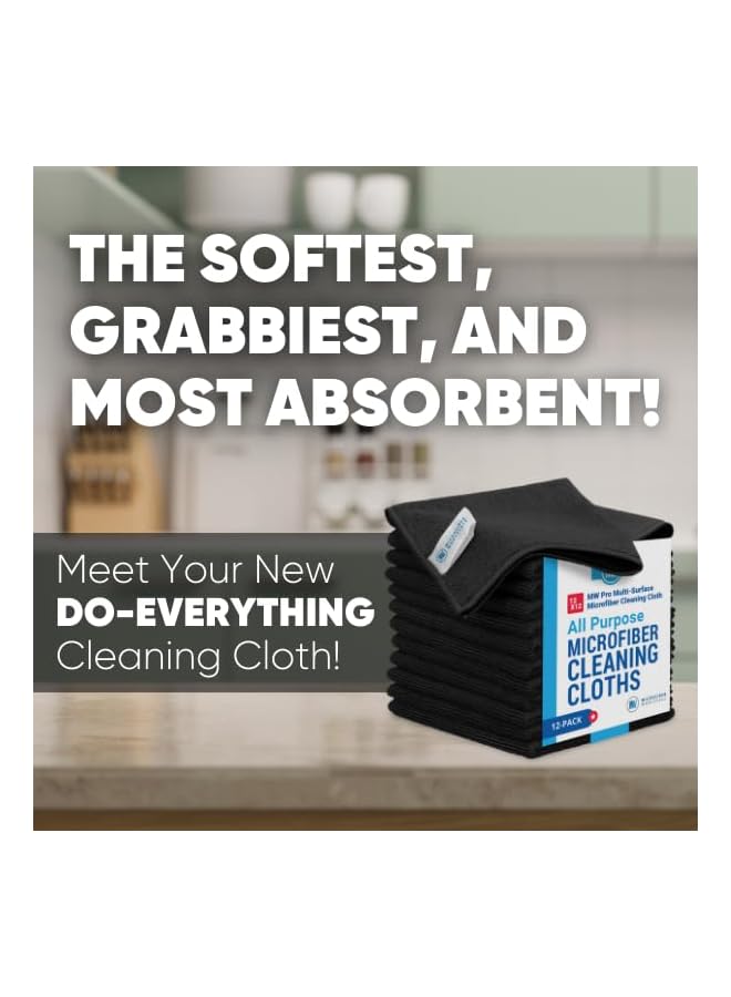 promass 12" x 12" Buff Pro Multi-Surface Cleaning Cloths | Black - 12 Pack | Premium Towels for Cleaning Glass, Kitchens, Bathrooms, Automotive, Supplies & Products - Image 2