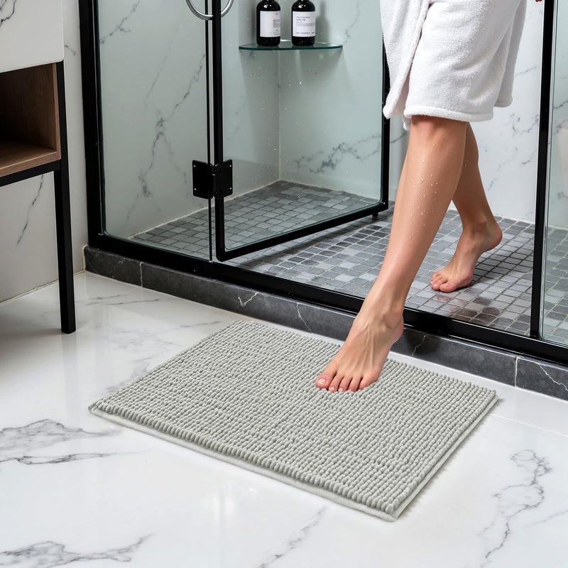 subrtex Bathroom Rugs Chenille Bath Rug Soft Short Plush Bath Mat Soft Shower Mat Water Absorbent Shower Mat Quick Dry Machine Washable(Light Gray,16" x 24") - Image 2