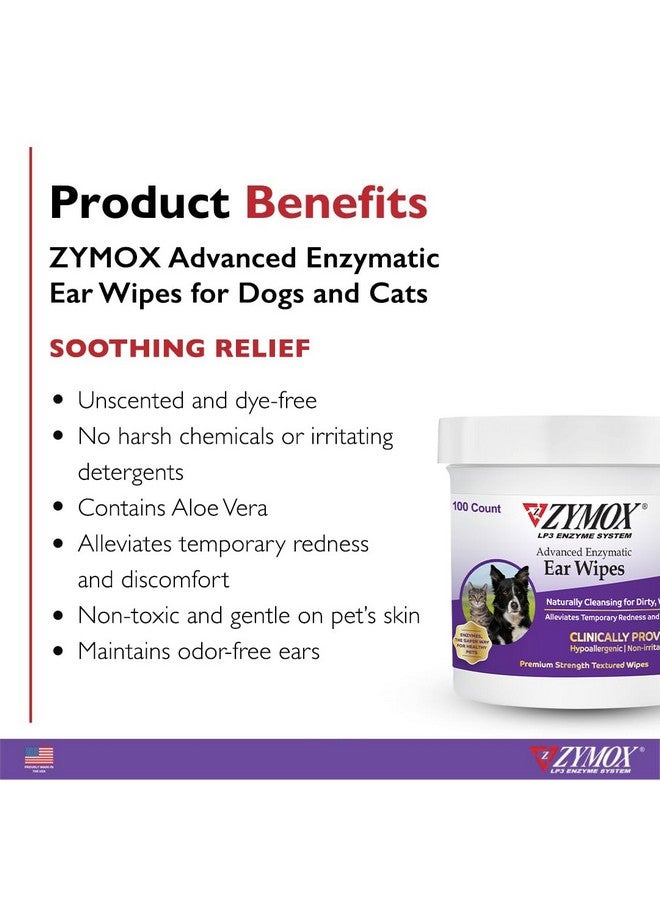 Zymox Advanced Enzymatic Ear Wipes For Dogs And Cats  For Dirty, Waxy, Smelly Ears  Premium Strength Ear Cleaner Wipes  NonIrritating  Hypoallergenic  100 Ct - Image 2