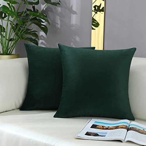 mixeoo Comfy Dark Green Throw Pillow Covers Christmas Decorative Square Solid Thick Velvet Super Soft Cushion Cases Home Decor for Sofa Couch Living Room Chair Set of 2 20 x 20 Inch - Image 1