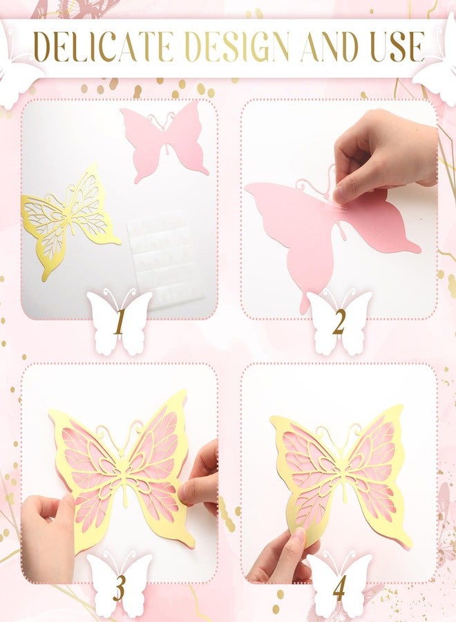 Kigeli 20 Pcs Giant Butterfly Party Decorations 4 Sizes Butterfly 3D Centerpieces Gold Wall Decor Paper Cutouts for Baby Shower Wedding Party Room(Gold and Pink) - Image 3