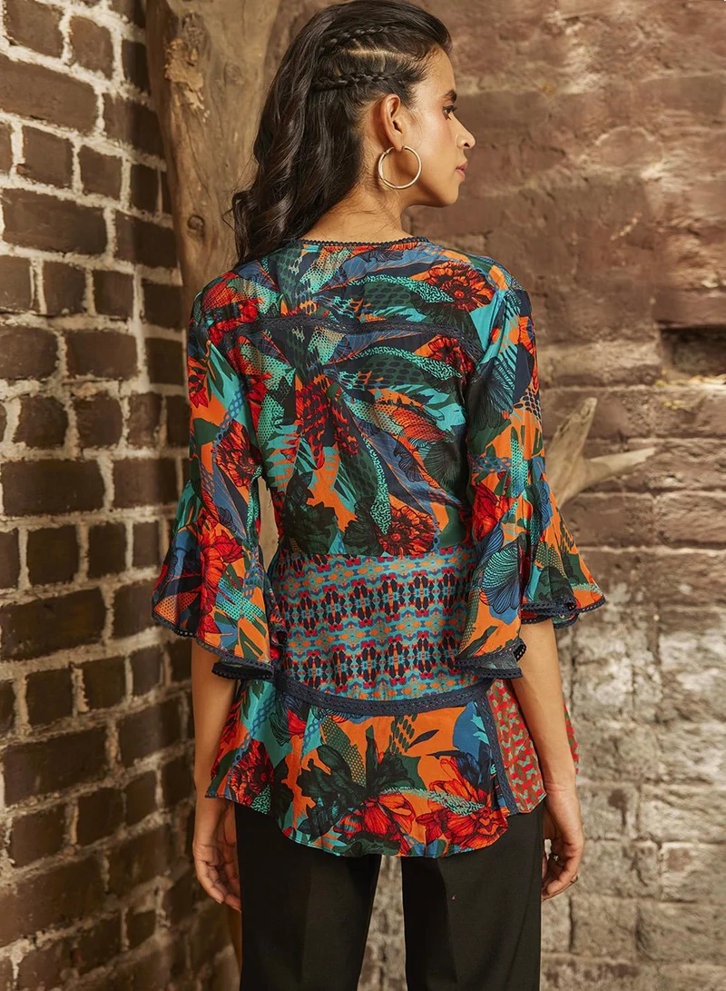 Bhanuni By Jyoti  SCARLET RED AND CYAN BLUE Embroidered TOP for Women | Best Price UAE