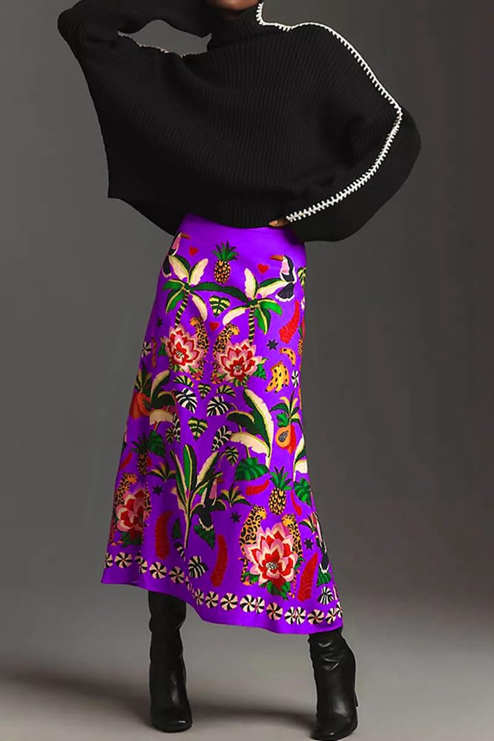 THLAI Womens Skirt Midi Skirt Tropical Plant Print Pink Zipper A-Line Long Skirts Spring Summer Skirt Floral - Image 3