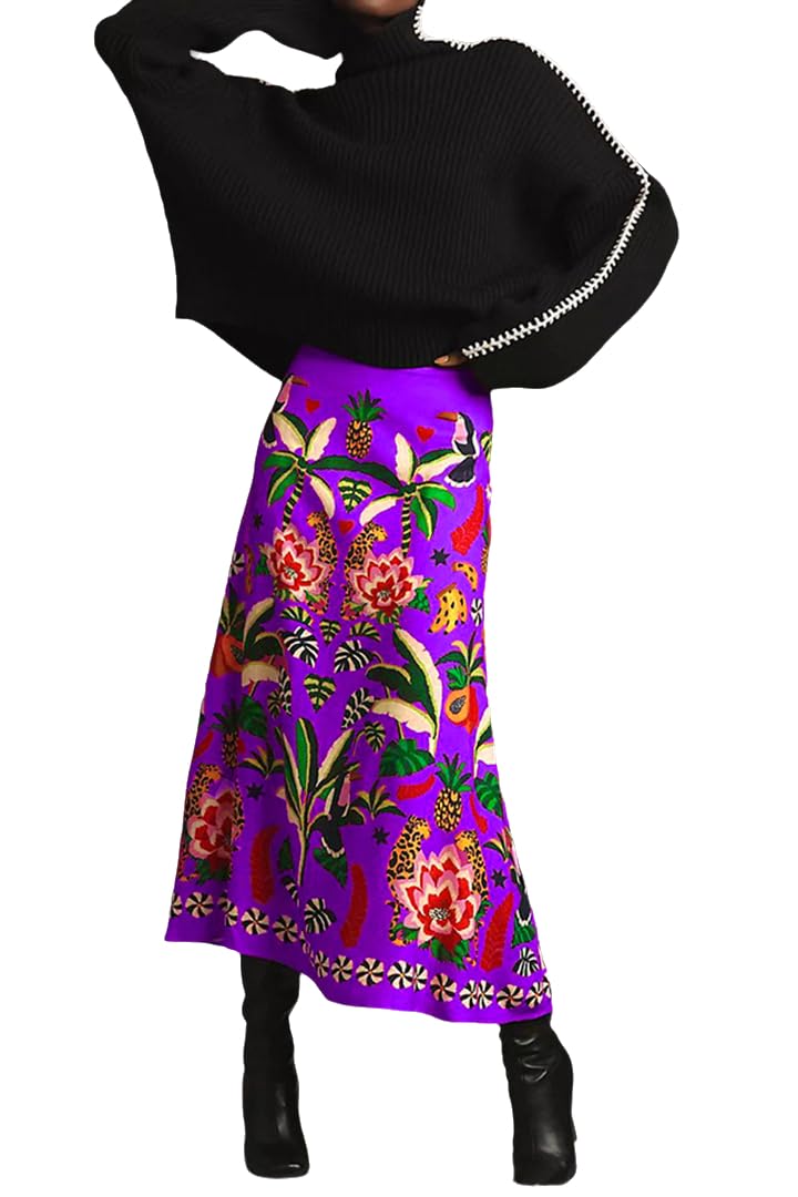 THLAI Womens Skirt Midi Skirt Tropical Plant Print Pink Zipper A-Line Long Skirts Spring Summer Skirt Floral - Image 1