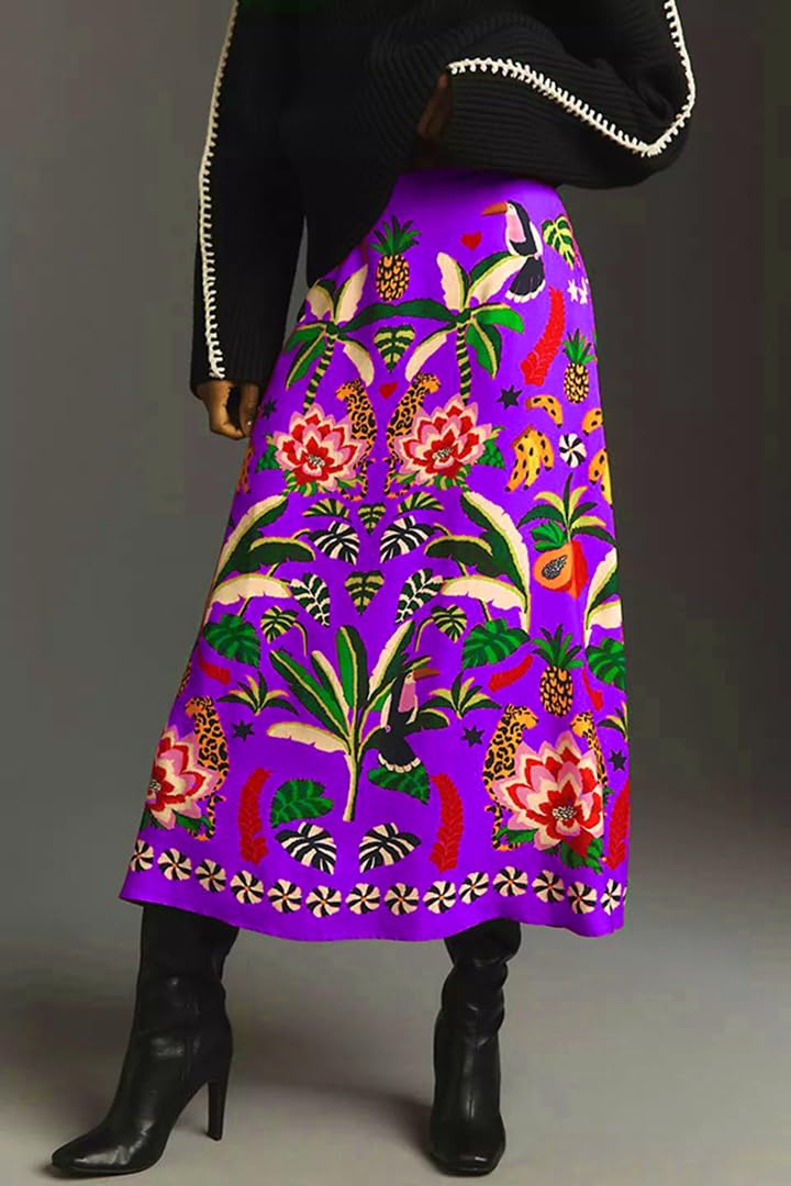 THLAI Womens Skirt Midi Skirt Tropical Plant Print Pink Zipper A-Line Long Skirts Spring Summer Skirt Floral - Image 2