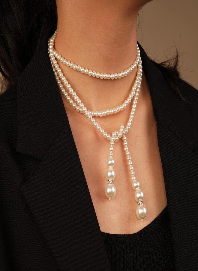 Chargances Weddind Layered Pearl Choker Necklace Bridal Long Beaded Pearl Choker Rhinestone Collar for Women Gift Festival Party - Image 2