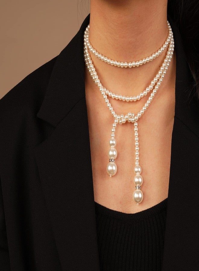 Chargances Weddind Layered Pearl Choker Necklace Bridal Long Beaded Pearl Choker Rhinestone Collar for Women Gift Festival Party - Image 4