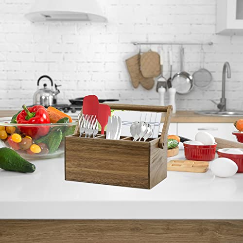 VaeFae Acacia Silverware Caddy with Handle, Wooden Utensil Holder, Mulip-pose Organizer for Kitchen, Office, Bathroom, Bedroom - Image 5