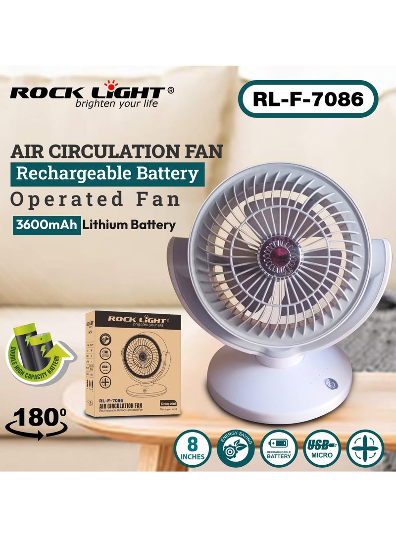 ROCK LIGHT RL-F-7086 8" Air Circulation Fan with Rechargeable Battery, Operated Fan, 3600 MAH High-Capacity Battery, 180 Degree Rotation, Micro USB Charging - Image 2