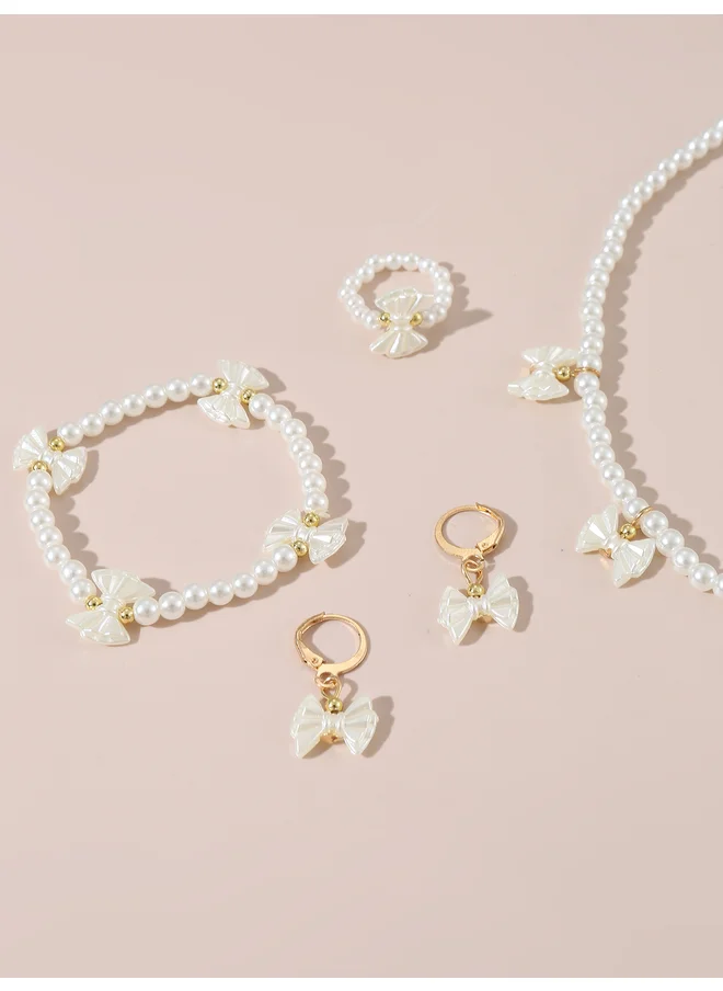 تايك تو Take Two Set of 4 - Bow Pendant Faux Pearl Necklace, Bracelet Earrings and Ring