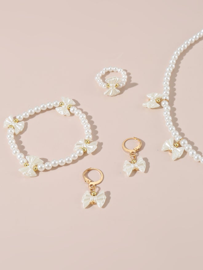Take Two Set of 4 - Bow Pendant Faux Pearl Necklace, Bracelet Earrings and Ring - Image 1