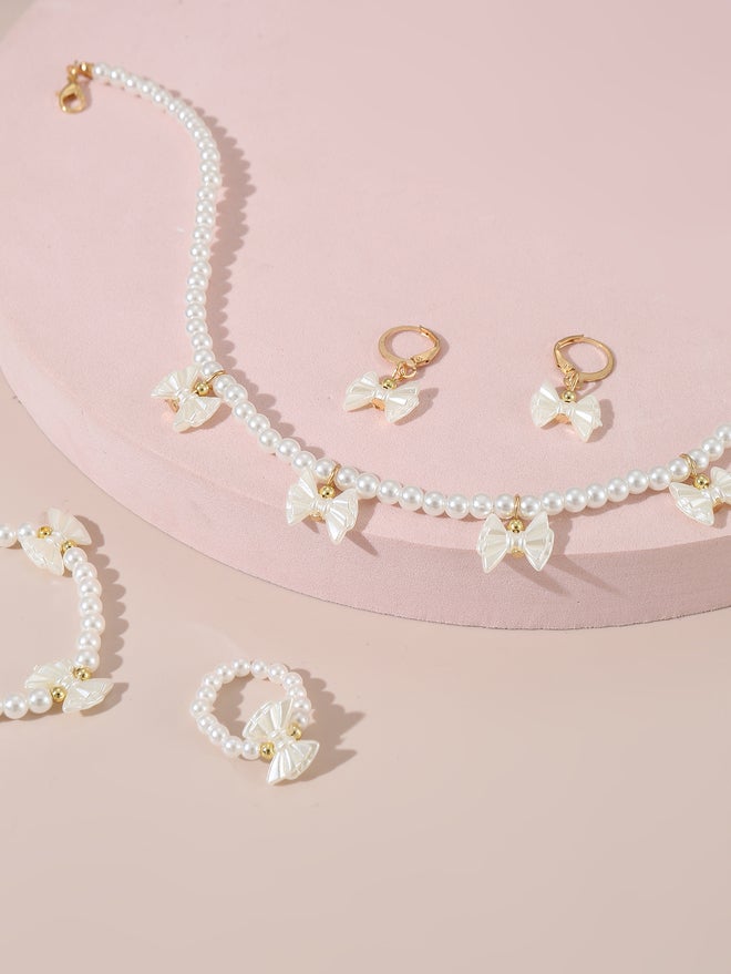 Take Two Set of 4 - Bow Pendant Faux Pearl Necklace, Bracelet Earrings and Ring - Image 2