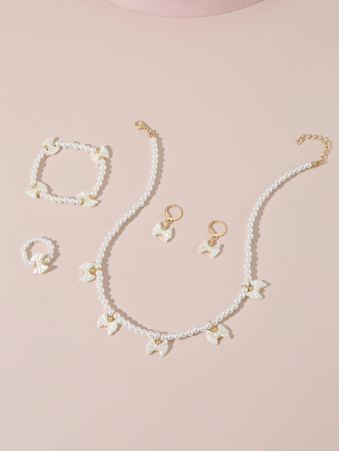 Take Two Set of 4 - Bow Pendant Faux Pearl Necklace, Bracelet Earrings and Ring - Image 4