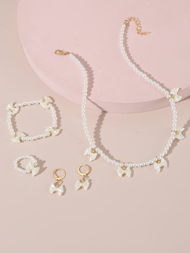 Take Two Set of 4 - Bow Pendant Faux Pearl Necklace, Bracelet Earrings and Ring - Image 3