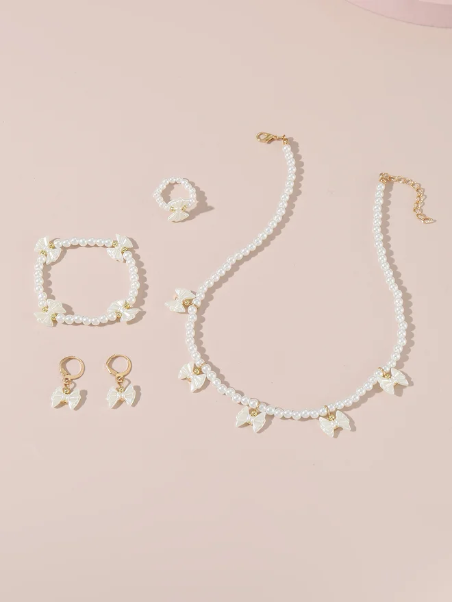 تايك تو Take Two Set of 4 - Bow Pendant Faux Pearl Necklace, Bracelet Earrings and Ring