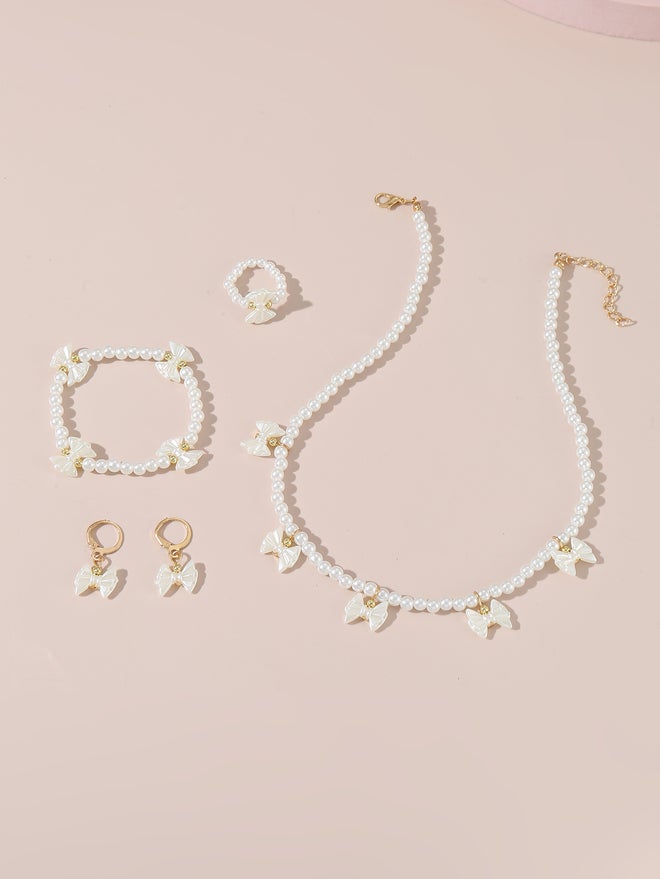 Take Two Set of 4 - Bow Pendant Faux Pearl Necklace, Bracelet Earrings and Ring - Image 5