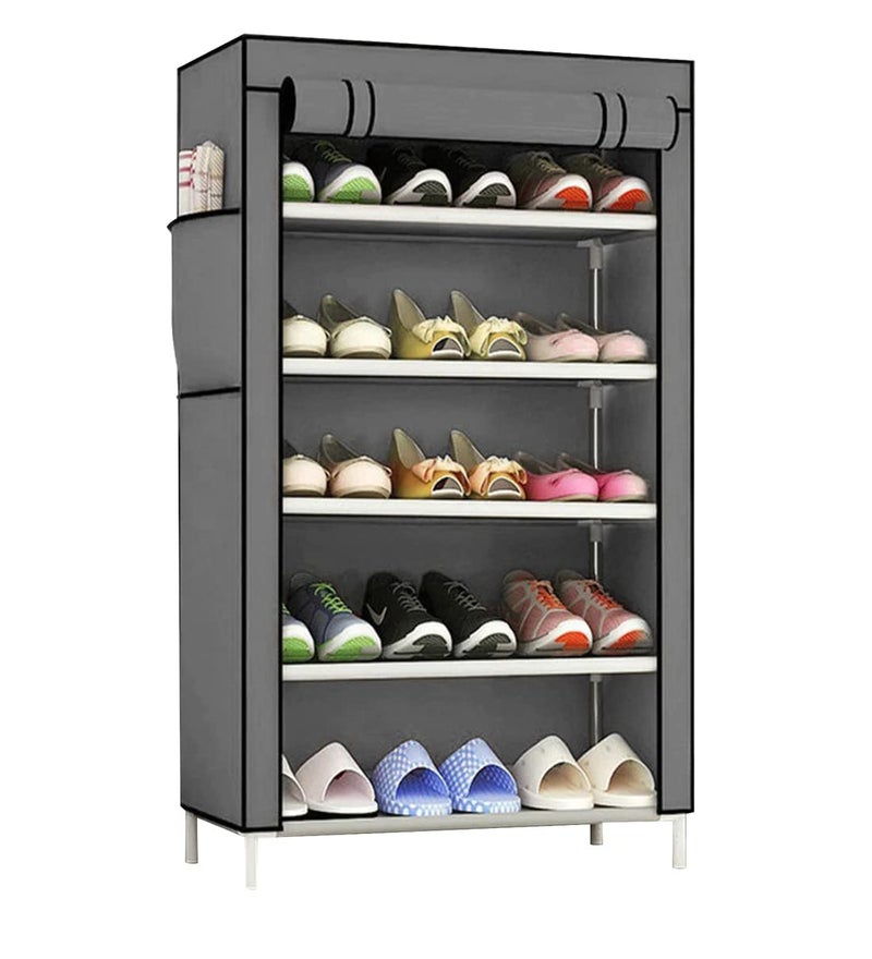 SANAMSTORE Multipurpose 5 Tier Rack Shoe/Clothes/books stand Rack with cover for home (Need to Be Assemble - DIY) -Grey - Image 1