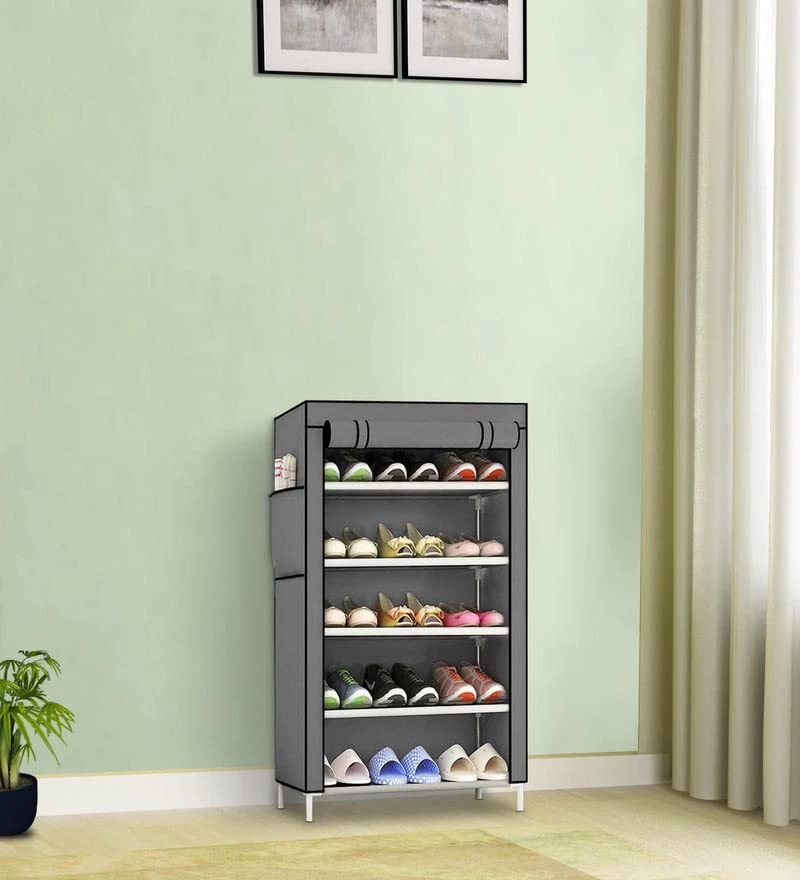 SANAMSTORE Multipurpose 5 Tier Rack Shoe/Clothes/books stand Rack with cover for home (Need to Be Assemble - DIY) -Grey - Image 3