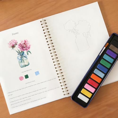 DPWCVM Beginner Watercolor Painting Kit Watercolor Workbook Coloring Book 12 Colors Paint Set with Brush, Easily Master Beginner Friendly Watercolor Paint Set Gift for Adults Teens. (Flowers) - Image 3