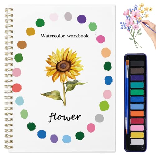 DPWCVM Beginner Watercolor Painting Kit Watercolor Workbook Coloring Book 12 Colors Paint Set with Brush, Easily Master Beginner Friendly Watercolor Paint Set Gift for Adults Teens. (Flowers) - Image 1