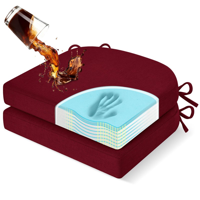 downluxe Chair Cushions for Dining Chairs, Memory Foam Linen Kitchen Chair Pads with Ties, Waterproof, Stain-Resistant and Washable Cover, 17" x 16" x 2.5", Burgundy, 2 Pack - Image 1