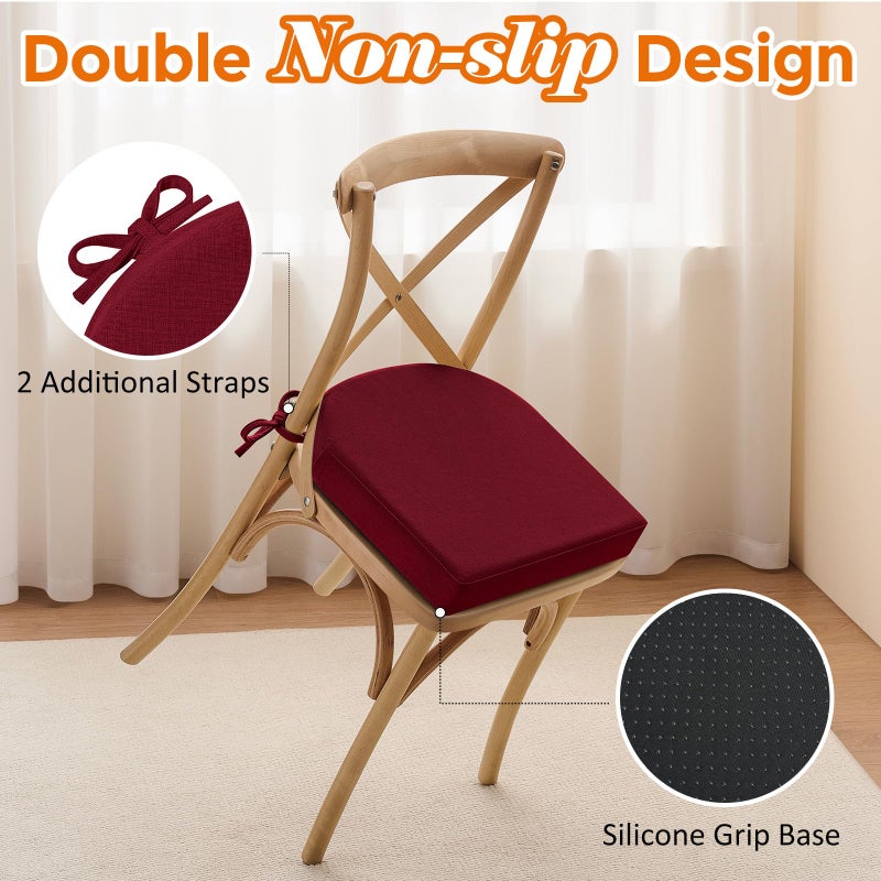 downluxe Chair Cushions for Dining Chairs, Memory Foam Linen Kitchen Chair Pads with Ties, Waterproof, Stain-Resistant and Washable Cover, 17" x 16" x 2.5", Burgundy, 2 Pack - Image 4