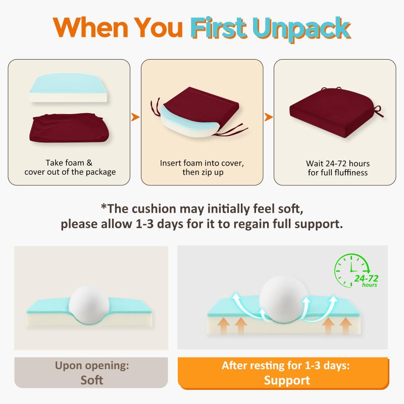 downluxe Chair Cushions for Dining Chairs, Memory Foam Linen Kitchen Chair Pads with Ties, Waterproof, Stain-Resistant and Washable Cover, 17" x 16" x 2.5", Burgundy, 2 Pack - Image 5