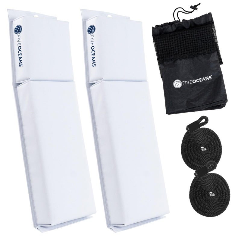 Five Oceans Contour Flat Boat Fender Boat Fenders Boat Bumpers for Docking 2Pack 24Inch White with 38Inch x 5Foot Fender Line and Convenient Storage Bag Waterproof PVC Fabric FO4614