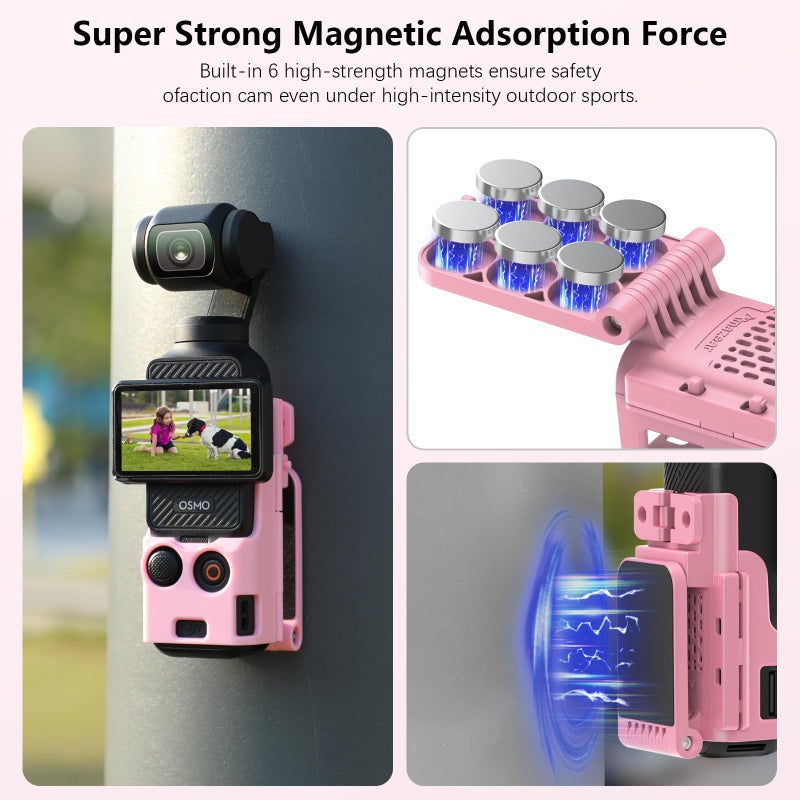 AMAZEAR Magnetic Mount Stand Compatible with DJI Osmo Pocket 3, Upgraded Pocket3 Accessories Adapter Clamp Magnet Suction Case Holder on Desktop, Vertical Surface, 180Â° Adjustable Handle, Pink - Image 3