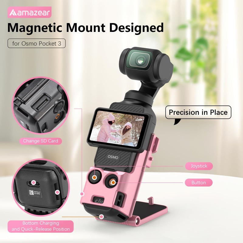 AMAZEAR Magnetic Mount Stand Compatible with DJI Osmo Pocket 3, Upgraded Pocket3 Accessories Adapter Clamp Magnet Suction Case Holder on Desktop, Vertical Surface, 180Â° Adjustable Handle, Pink - Image 2