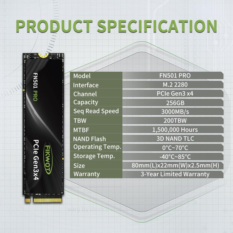 Fikwot FN501 Pro 256GB NVMe SSD - M.2 2280 PCIe Gen3 x4 Internal Solid State Drive with Graphene Cooling Sticker, Up to 3,000MB/s, SLC Cache 3D NAND TLC, Compatible with Laptop & PC Desktop - Image 5