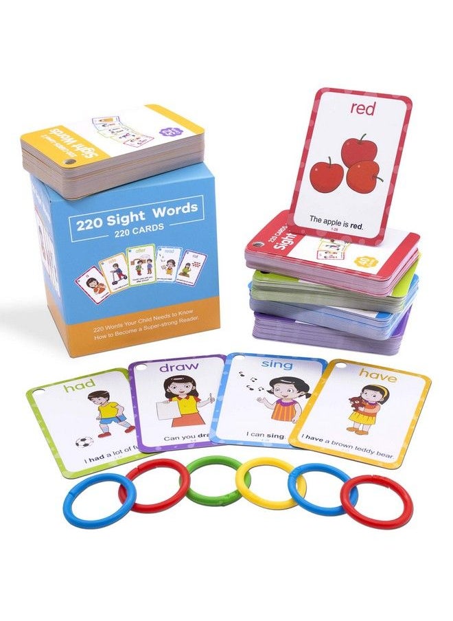 Conzy - Dolch Sight Words Flash Cards For Toddlers Kindergarten 1St 2Nd 3Rd Grade, 220 Sight Words With Pictures And Sentences For Kids Learn To Read, 5 Levels Of Difficulty, 6 Sorting Rings - Image 1