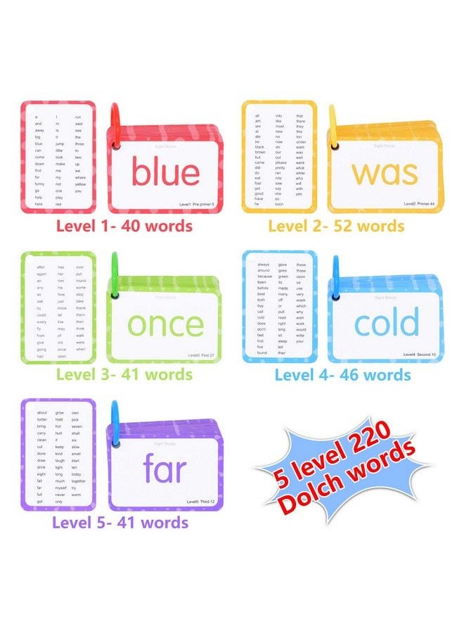 Conzy - Dolch Sight Words Flash Cards For Toddlers Kindergarten 1St 2Nd 3Rd Grade, 220 Sight Words With Pictures And Sentences For Kids Learn To Read, 5 Levels Of Difficulty, 6 Sorting Rings - Image 1