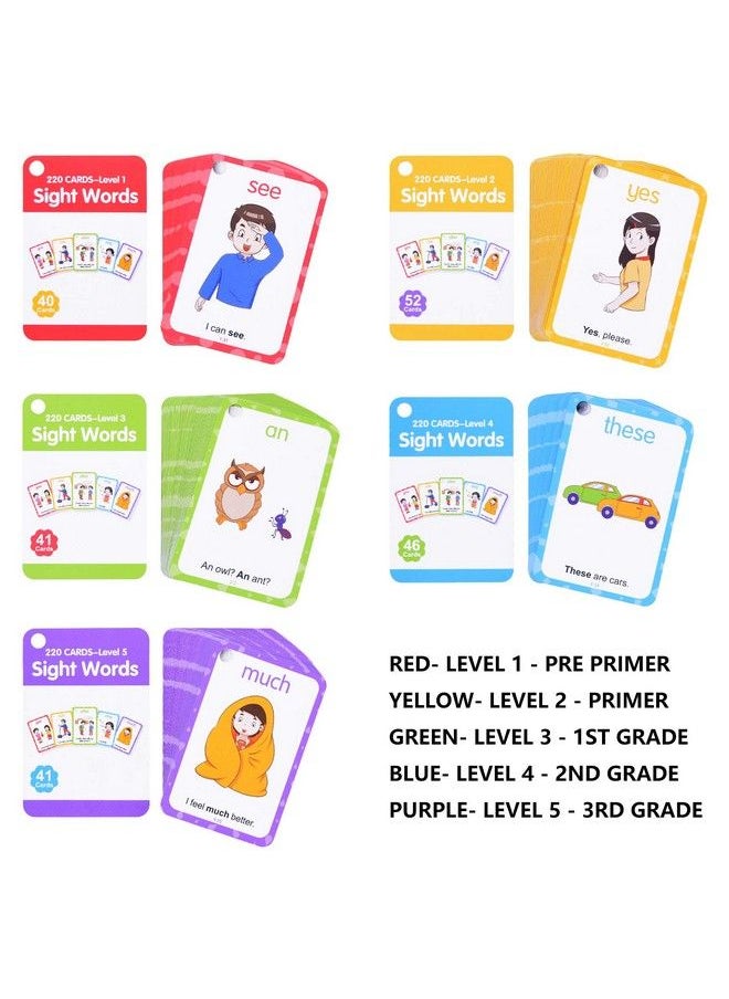 Conzy - Dolch Sight Words Flash Cards For Toddlers Kindergarten 1St 2Nd 3Rd Grade, 220 Sight Words With Pictures And Sentences For Kids Learn To Read, 5 Levels Of Difficulty, 6 Sorting Rings - Image 1