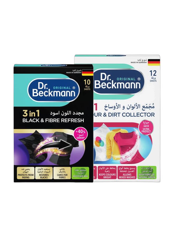 Dr. Beckmann Black & Fibre Refresh 3 In 1, Cares For Fibres, Restores Blacks, Protects From Fading, 10 Sheets & Colour And Dirt Collector 3 in 1, Allows Mixed Washes, Keeps Colours Bright, Prevents Colours Runs, 12 sheets Bundle - Image 1