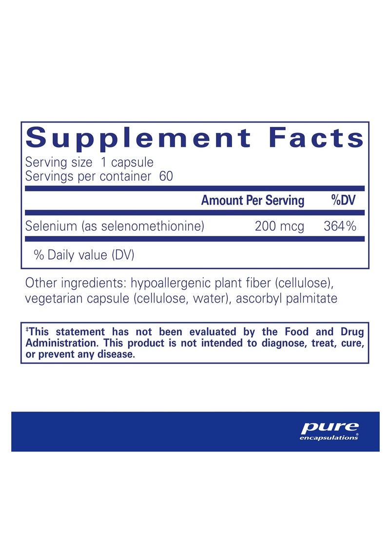 Pure Encapsulations - Selenium 200 mcg for Healthy Cellular Function, Immune System & Antioxidant Defenses 60 Capsules 2 months supply - Image 1