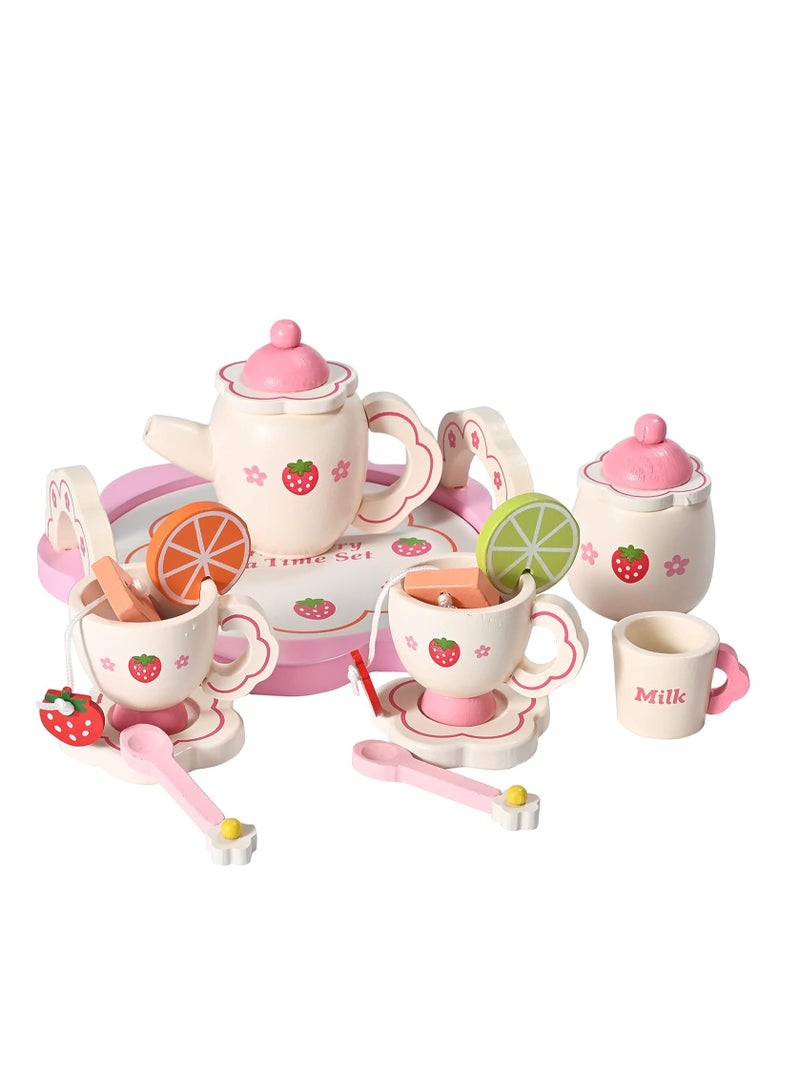 SYOSI Donmills Wooden Tea Set for toddlers Pretend Play Game Toy for Girls Kids Tea set 14 Pcs Cute Wooden Play Kitchen Accessories for Children Gift for Birthday  Easter Afternoon Tea Party - Image 1