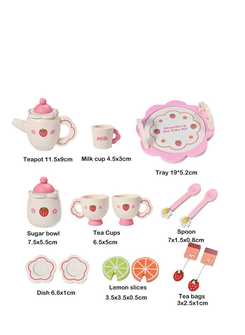 SYOSI Donmills Wooden Tea Set for toddlers Pretend Play Game Toy for Girls Kids Tea set 14 Pcs Cute Wooden Play Kitchen Accessories for Children Gift for Birthday  Easter Afternoon Tea Party - Image 4