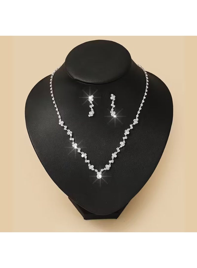 aeen Elegant Wedding Jewellery Set for Western Brides – Silver-Plated Rhinestone Necklace and Earrings with Simple Claw Chain Accessory, Gift for her - Image 1