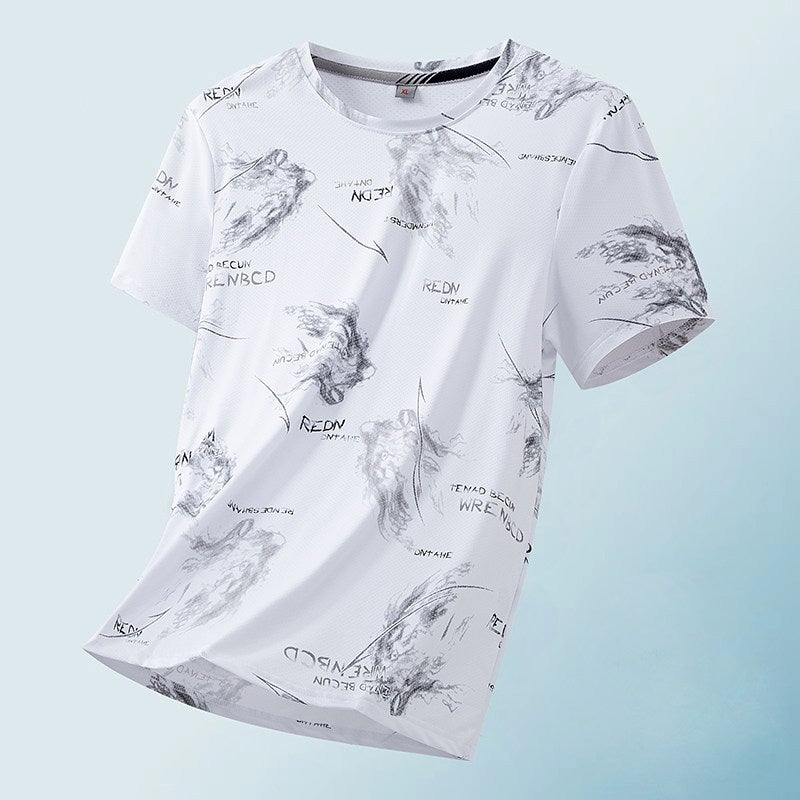 Ice silk short-sleeved T-shirt for men's summer thin trendy printed T-shirt, fashionable wrinkle-resistant ice-cold half-sleeved handsome top - Image 3