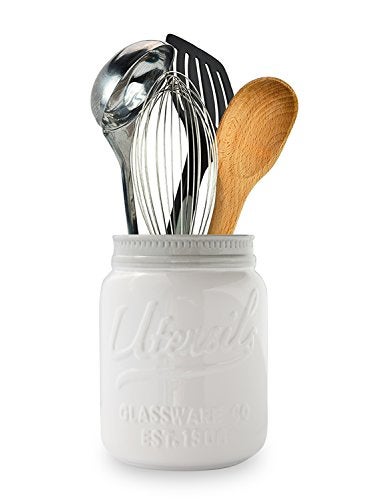 Comfify Wide Mouth Mason Jar Utensil Holder by  - Decorative Kitchenware Organizer Crock, Chip Resistant Ceramic - - Image 1