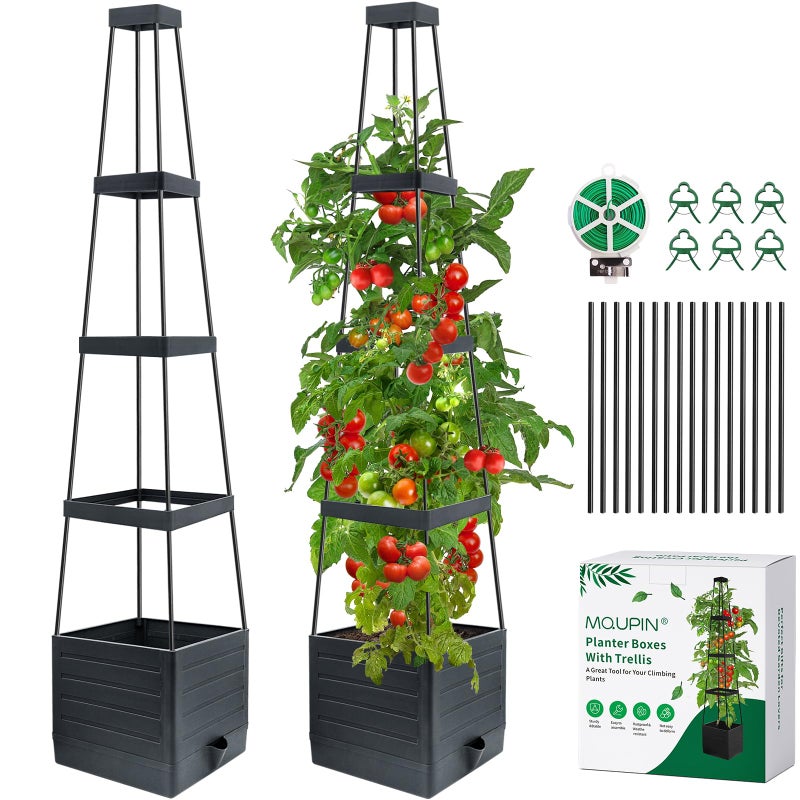 MQUPIN Tomato Planter Box with Trellis for Garden, 57 Inch Self-Watering Raised Garden Bed, Patio Tomato Cage for Climbing Vegetables & Flowers, Upgraded Tomato Pot for Indoor Outdoor Use (2 Pack) - Image 1
